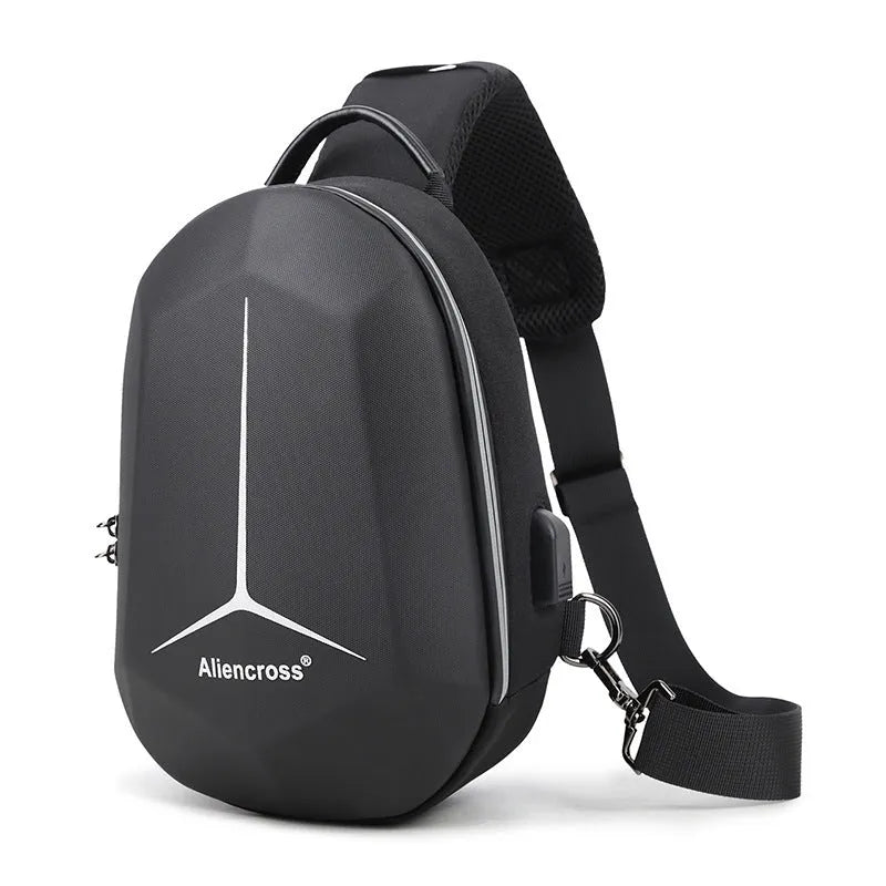 Waterproof Oxford cloth chest bag in black, shown with tablet, phone and cup to illustrate capacity.