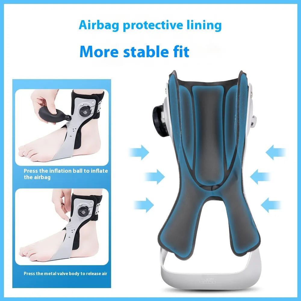 Grey and black ankle support brace with airbag button technology for adjustable compression