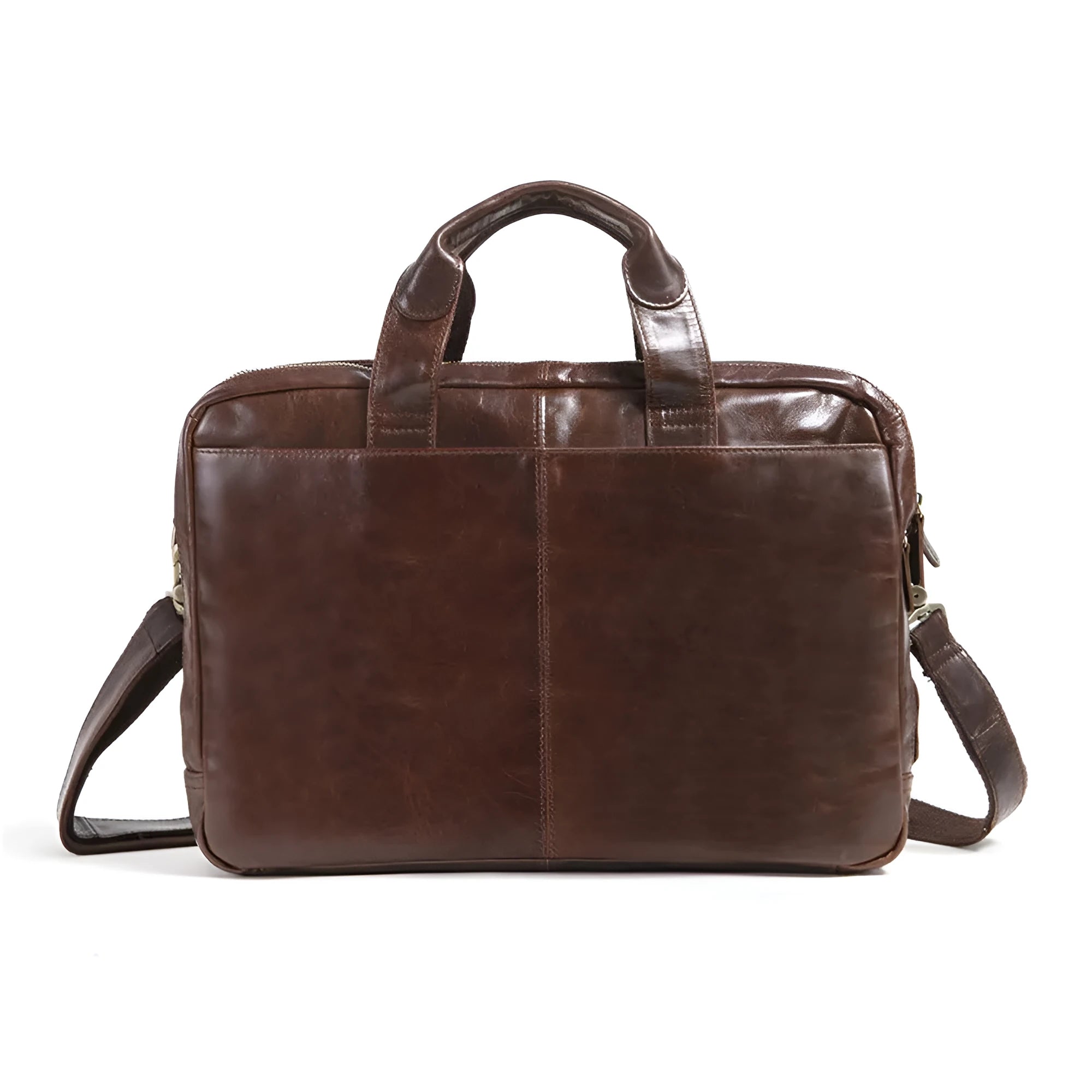 Brown leather men's business briefcase with 18 inch capacity and visible cowhide patterning