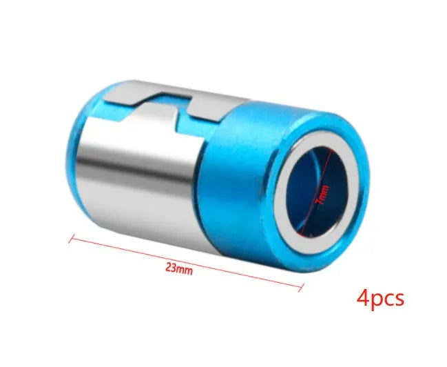 Light blue screwdriver bit with magnetic ring in high carbon steel, showing patterned and smooth ring designs