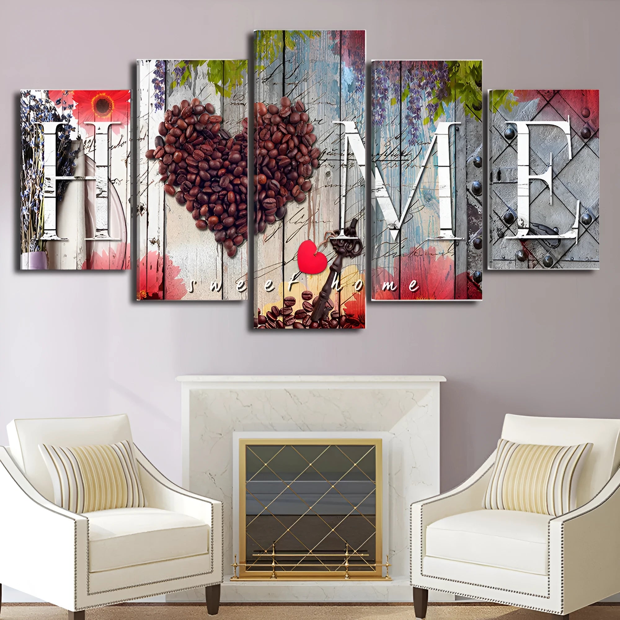 Red oil painting decoration boards in multiple sizes arranged on wall