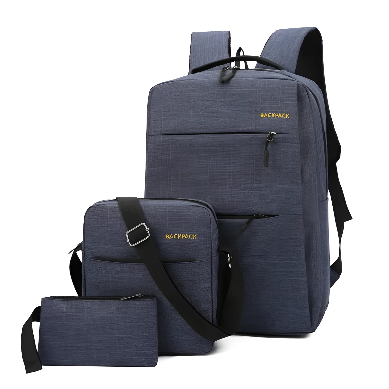 Men's USB charging computer bag three-piece set in black nylon with multiple compartments and air pillow belt
