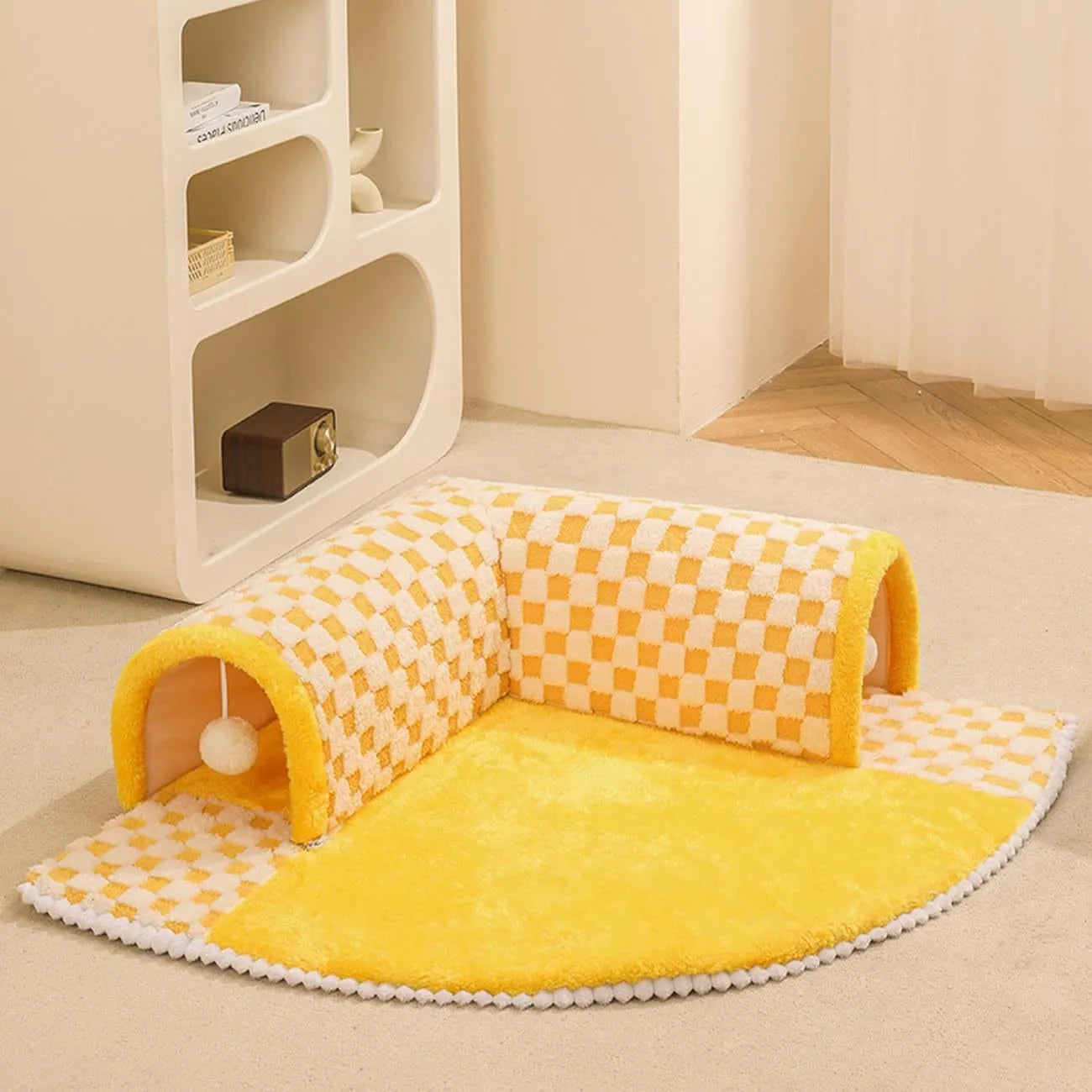 XL sized fan-shaped plush pet bed with a tunnel entrance and a thick sleeping mat, in a coffee colour with an anti-slip granular base.