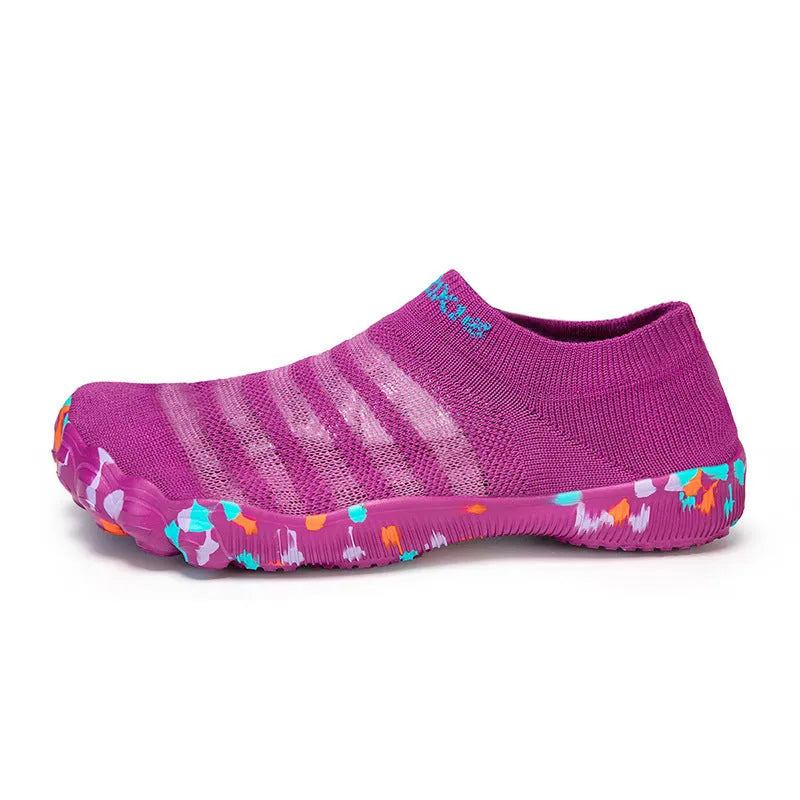Women's camouflage print Flyknit water shoes with rubber sole and lace-up front.