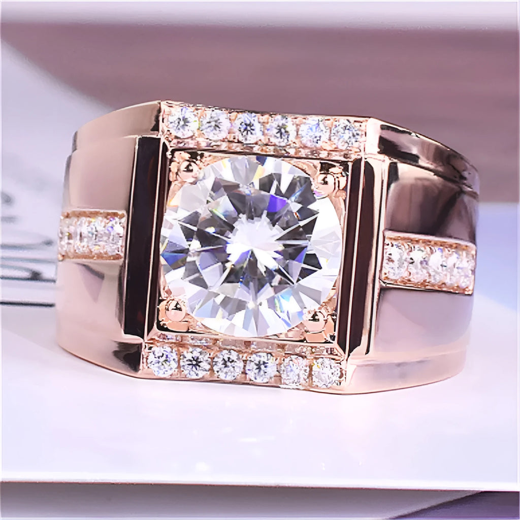 Men's geometric diamond zircon ring with adjustable opening in rose gold, gold, and platinum colour options