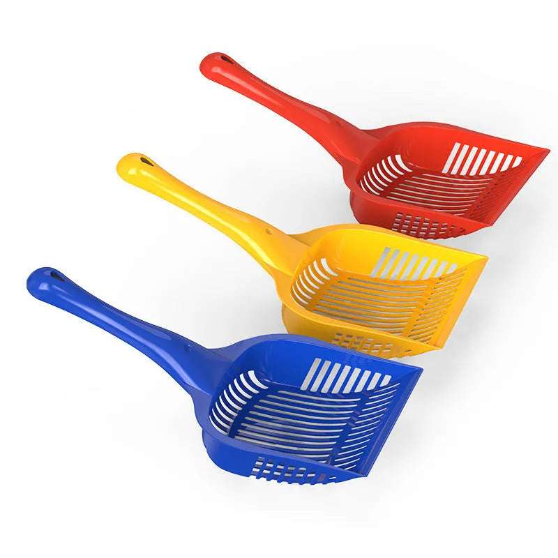 Plastic cat litter scoop with ergonomic handle in red, yellow, or blue colour options