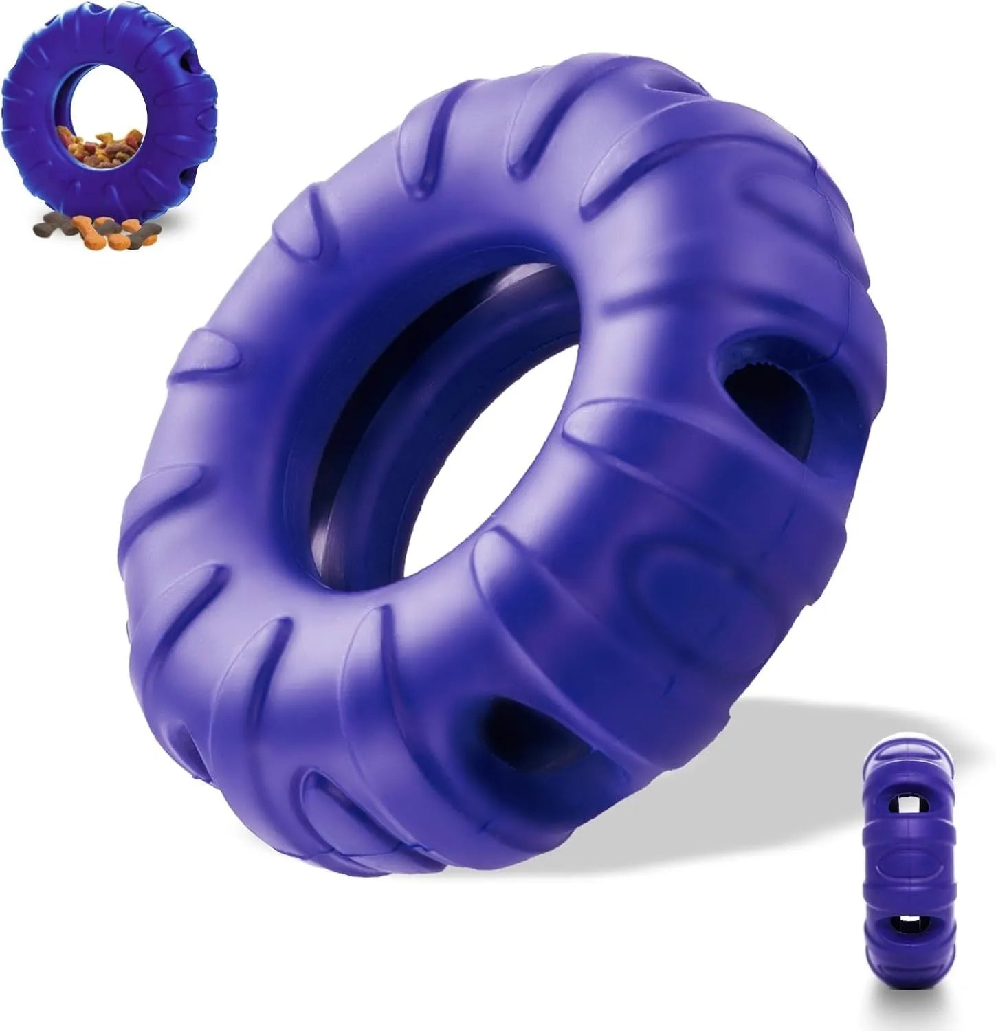 Blue rubber tyre-shaped dog chew toy with oval openings, for medium to large breed dogs.