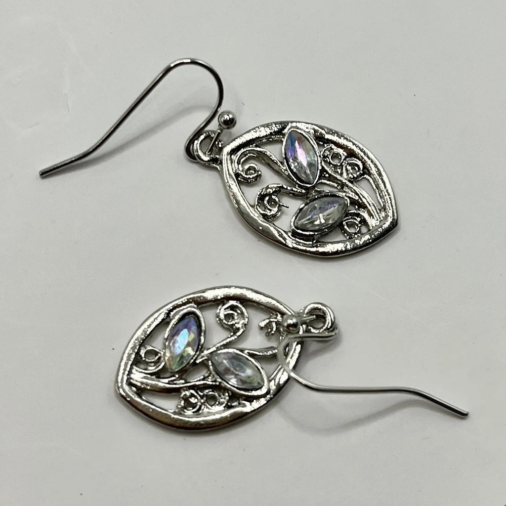 Silver leaf-shaped earrings with colourful moonstone stones embedded in alloy design