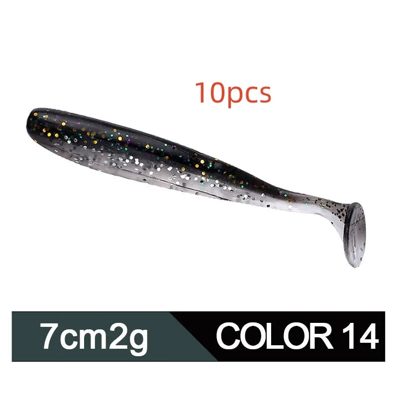 A 7cm long, two-tone T-tail soft worm fishing lure for mandarin fish and topmouth culter.