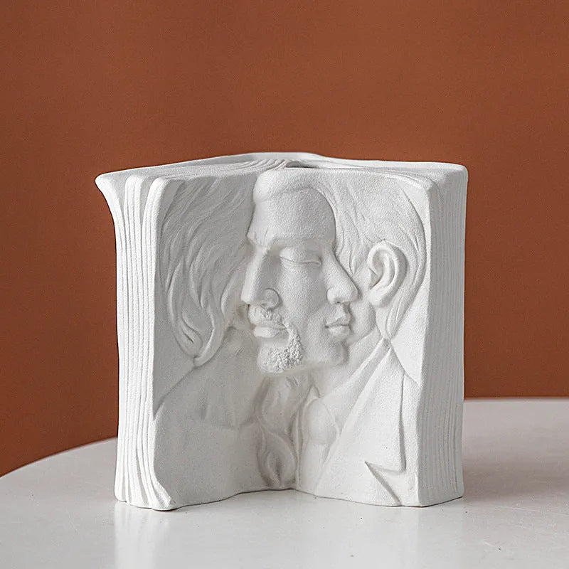 Glazed ceramic book stand sculpture in one of four modern styles: Lover, Dancer, Beauty and Beast, or Brushed Face.