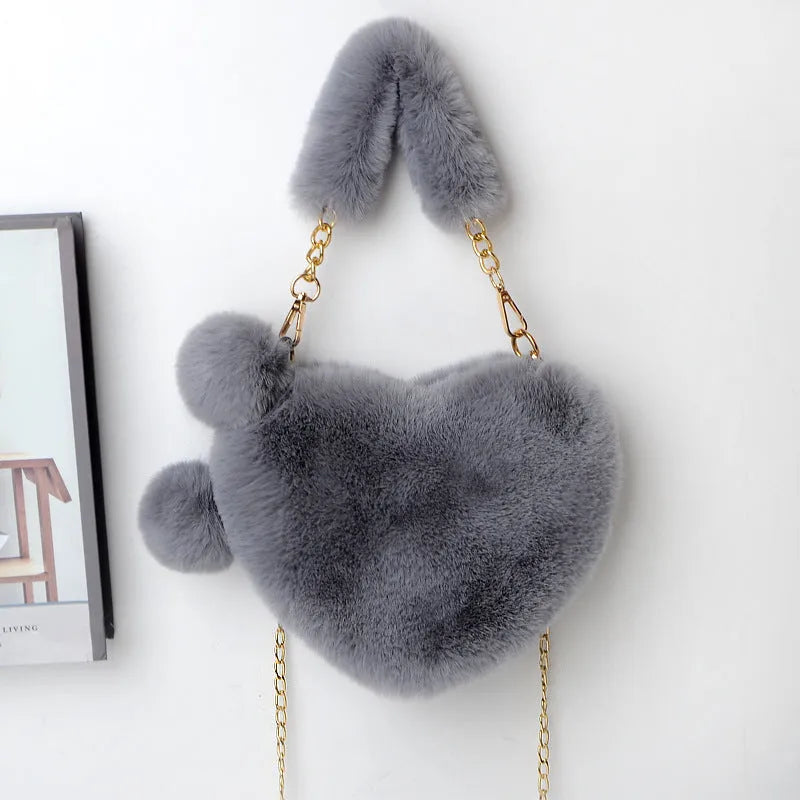 Soft plush heart-shaped women's handbag with zipper closure in various colours