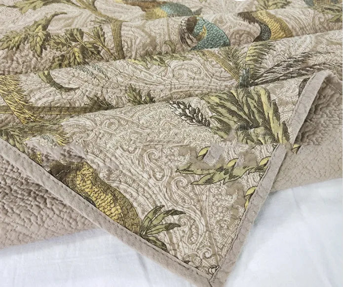 Blue floral patterned cotton bed sheet set with American bedspread styling and quilting design