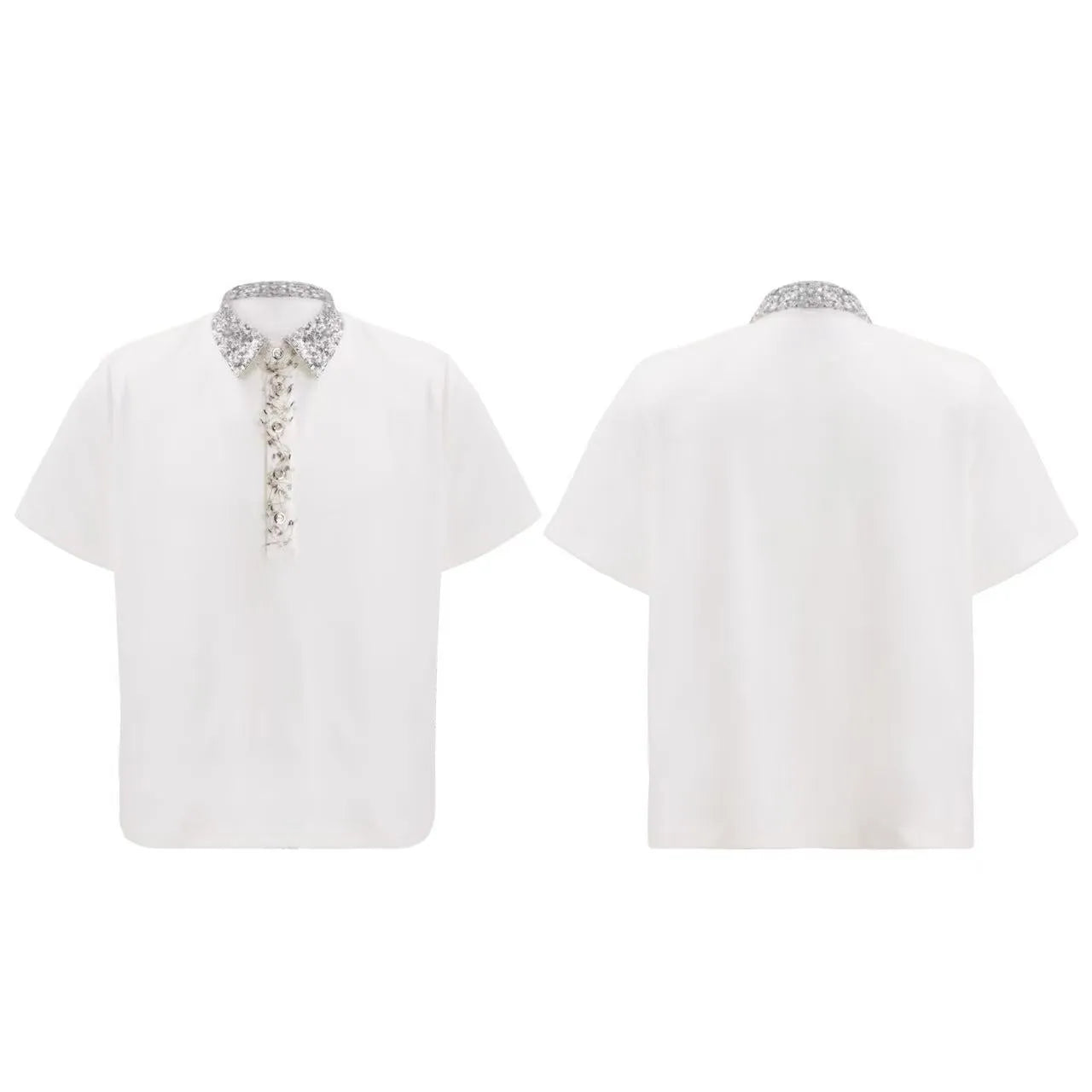 Men's black loose fit polo t-shirt with embroidery sequin detail and square collar