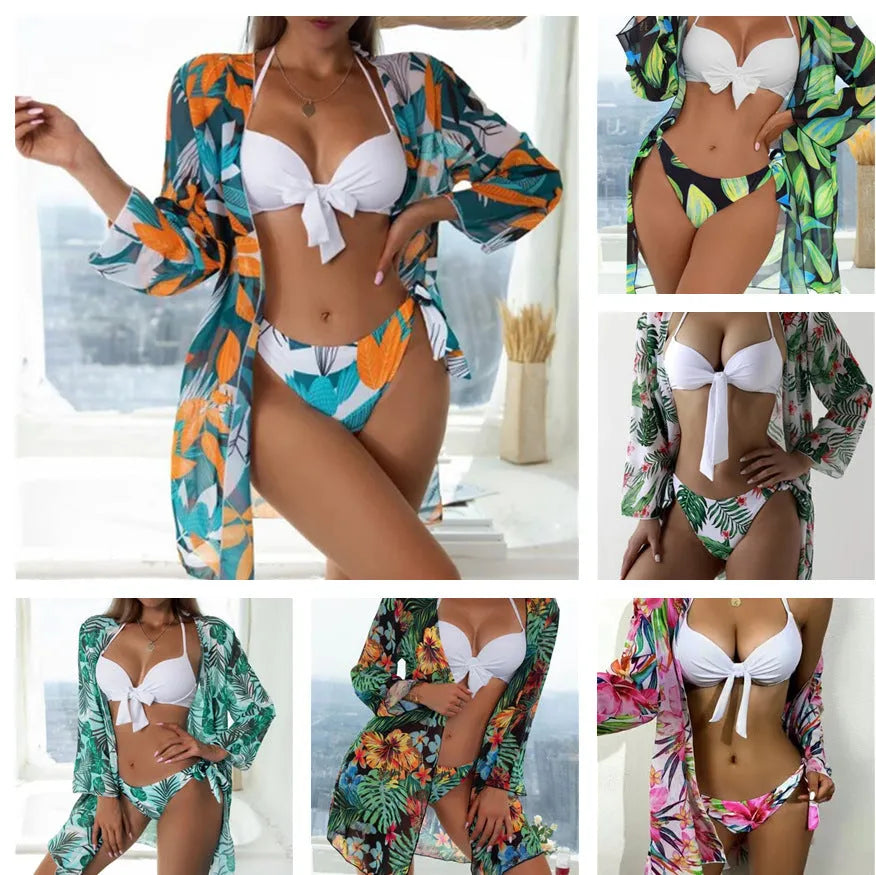 Women's three-piece polyester bikini swimsuit set with mesh detail in a conservative cut