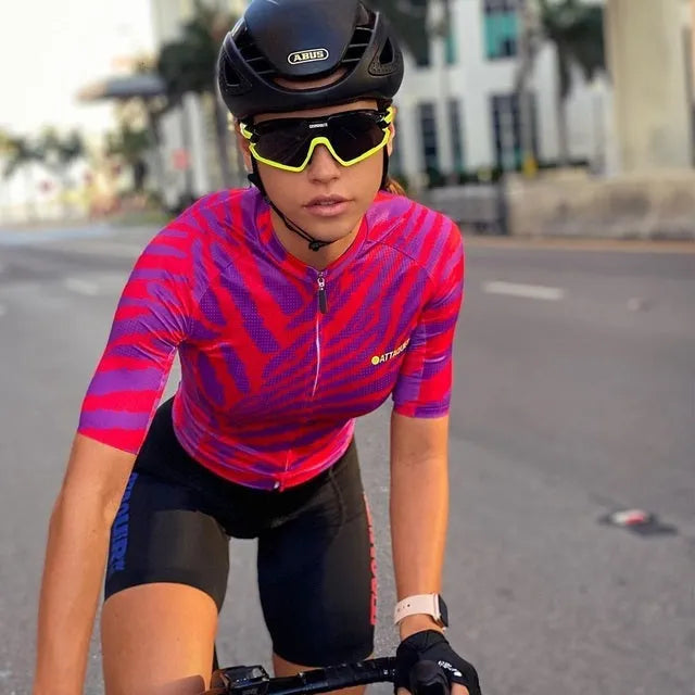 Attaquer women's cycling jersey and matching bib shorts set in kaleidoscope pattern