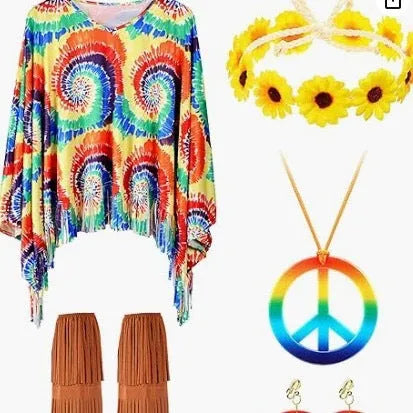 Colourful tie dye cloak costume with large bell sleeves, shown in a rainbow colour variant.