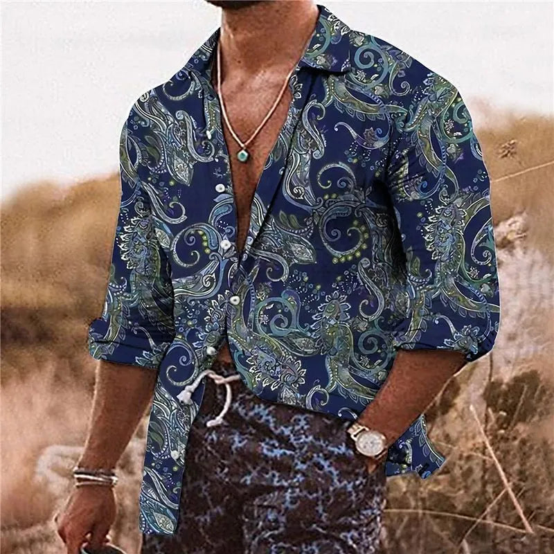 Men's loose fit shirt with 3D floral pattern digital printing in polyester fabric