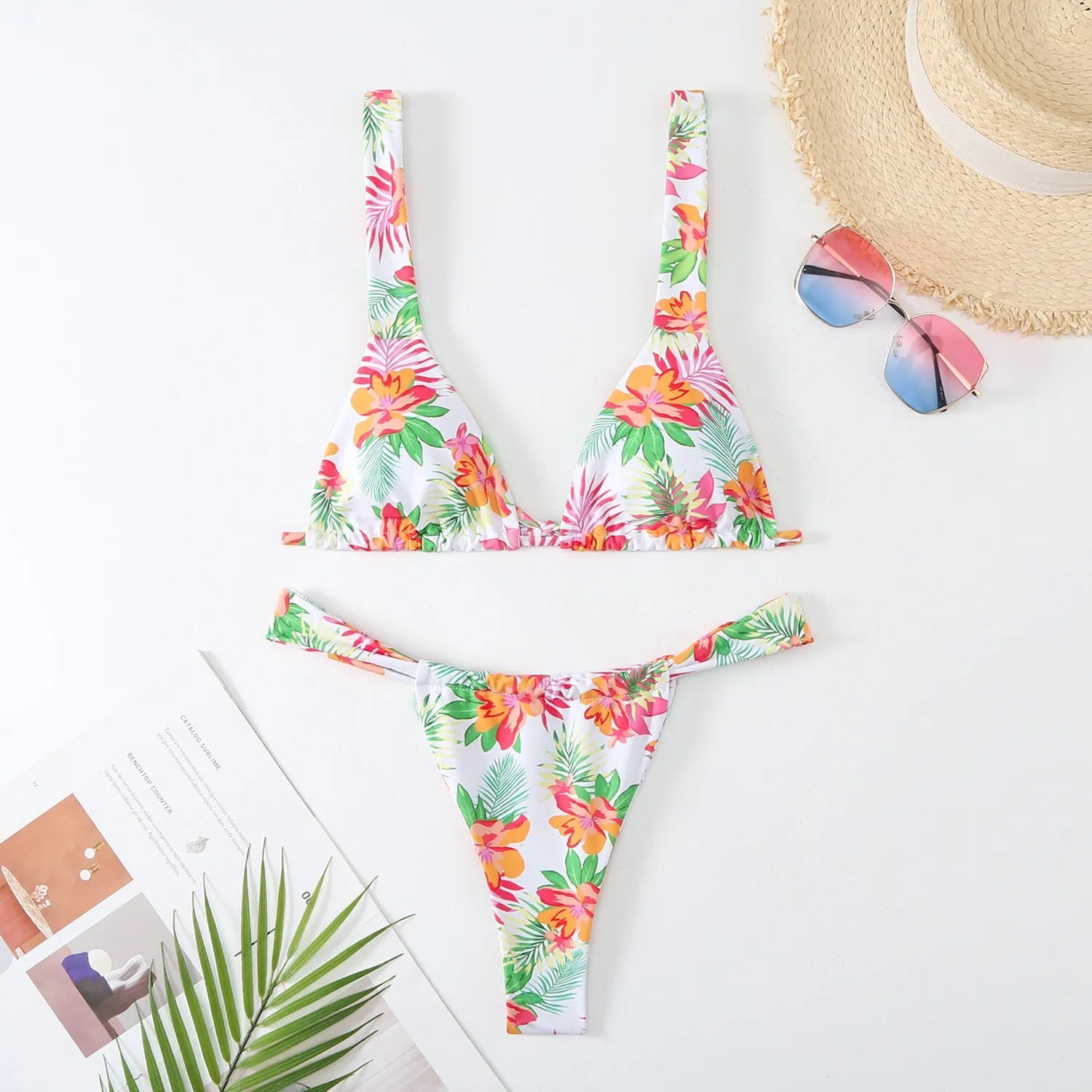 Women's floral printed bikini swimsuit in multi-colour pattern with brief style design