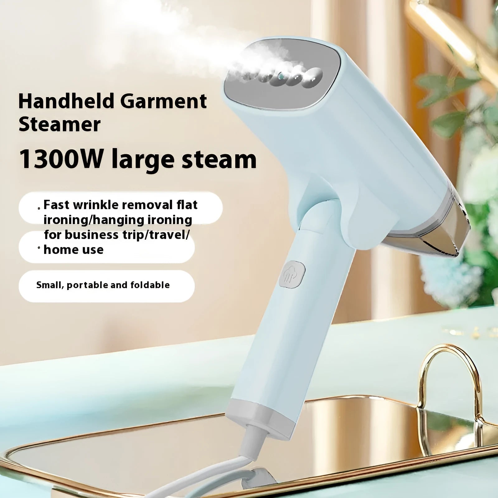 Blue and white handheld garment steamer with hanging mechanism and 1300W power rating