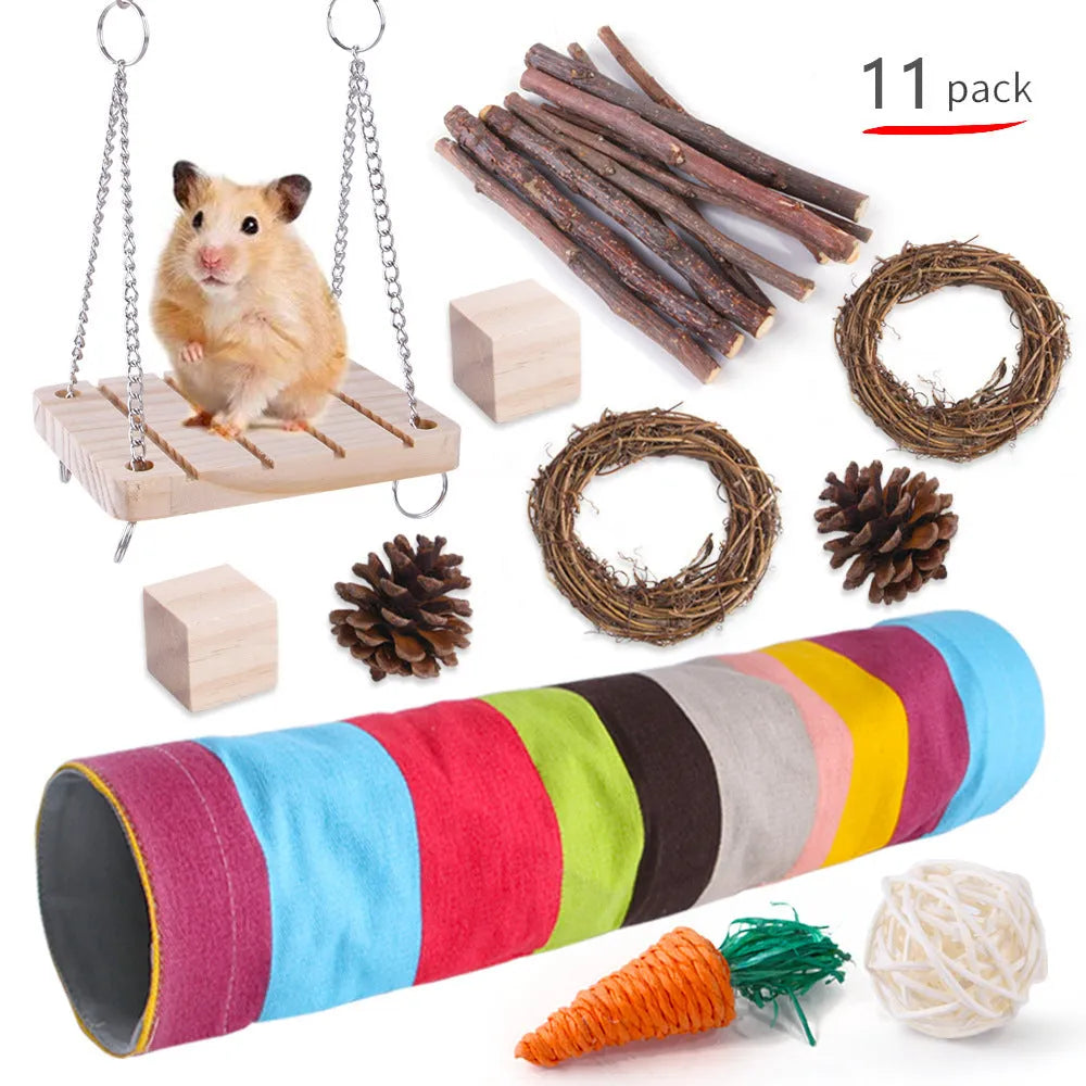 Wooden pet toy set with chewable pieces for rabbits, guinea pigs and parrots