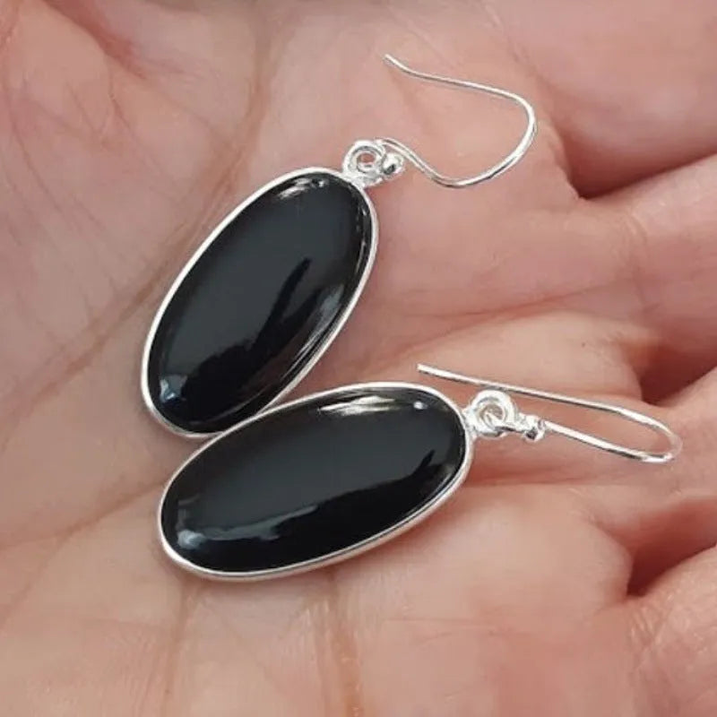 Black geometric women's earrings with oval agate pendants on 925 silver posts