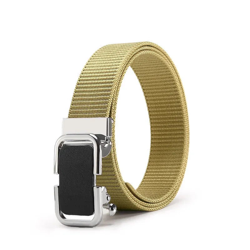 Men's nylon canvas belt with an alloy buckle shown in army green colour.