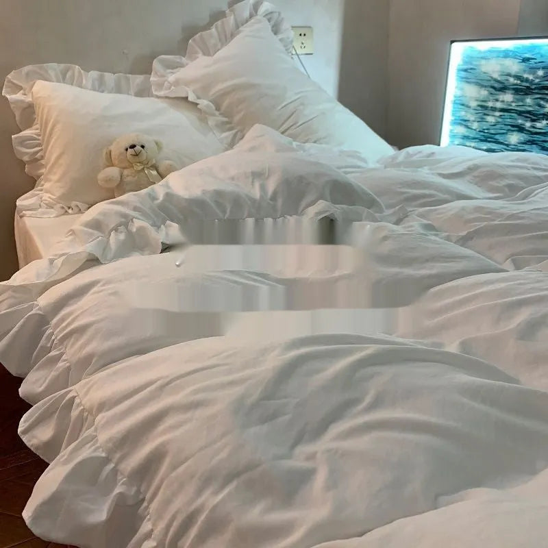 Mori style solid colour linen four-piece bedding set with quilt cover, sheet, and pillowcases.