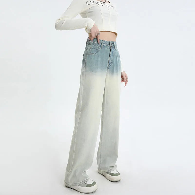 Women's gradient blue straight-leg denim trousers with wide-leg style