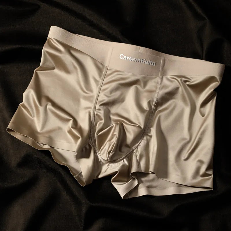 Men's colourblock ice silk seamless underwear in blue, brown, grey, and white colour options.