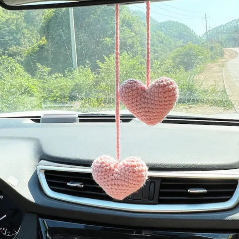 Green and white knitted car plant decoration with hanging rope on 8cm plastic base