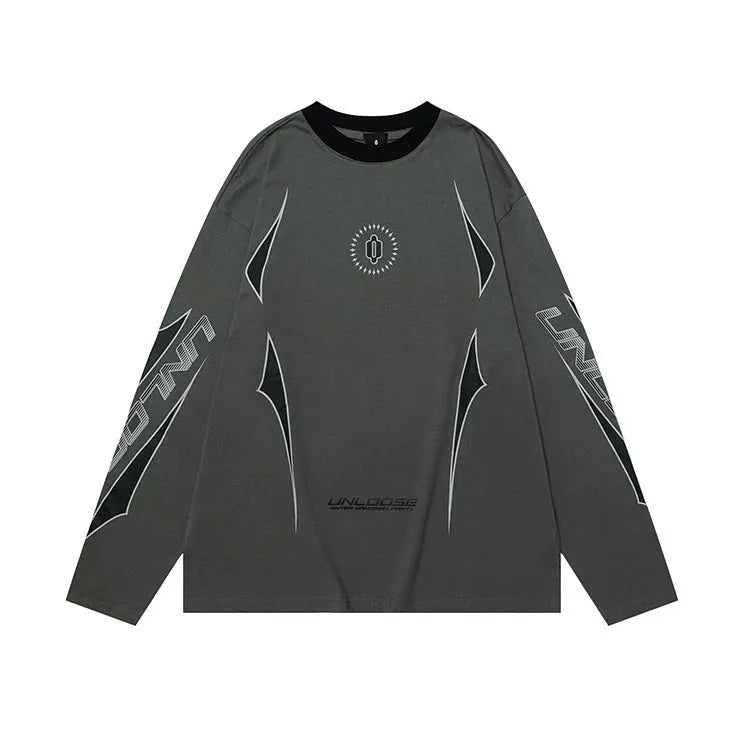 Grey khaki loose fit cotton pullover with drop shoulders and a printed lettered pattern.