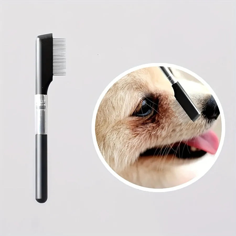 Black pet grooming brush with soft silicone bristles and comb attachment for tear stain removal on dogs and cats