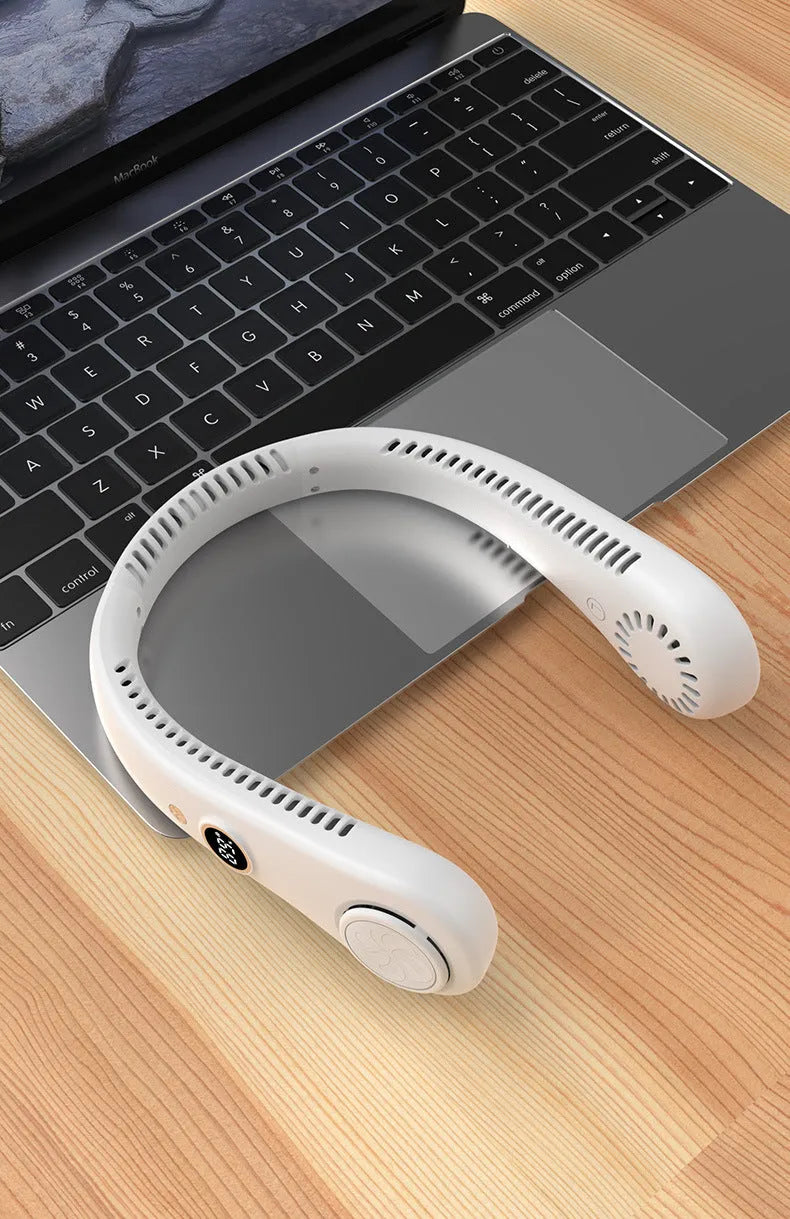 Blue USB rechargeable portable bladeless neck fan showing adjustable neckband.