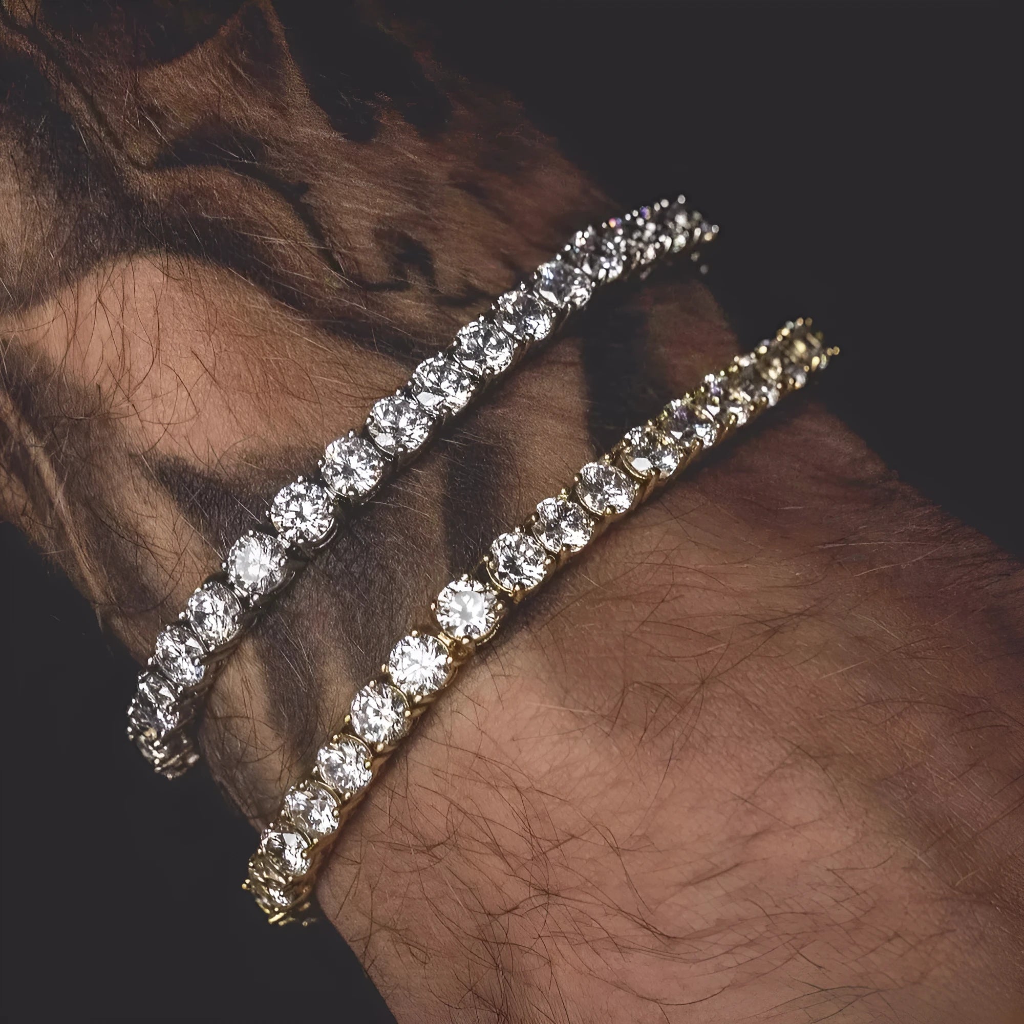 Men's silver hip hop bracelet with rhinestone chain and zirconia tennis charm on geometric alloy band