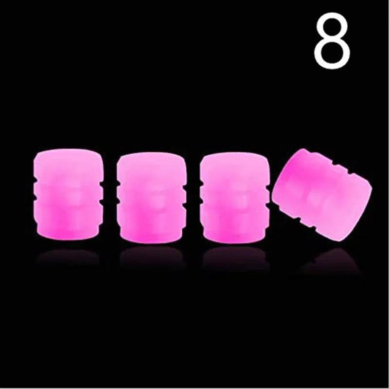 Rubber luminous tyre valve caps in multiple colours showing pack size options for bicycle and motorbike wheels