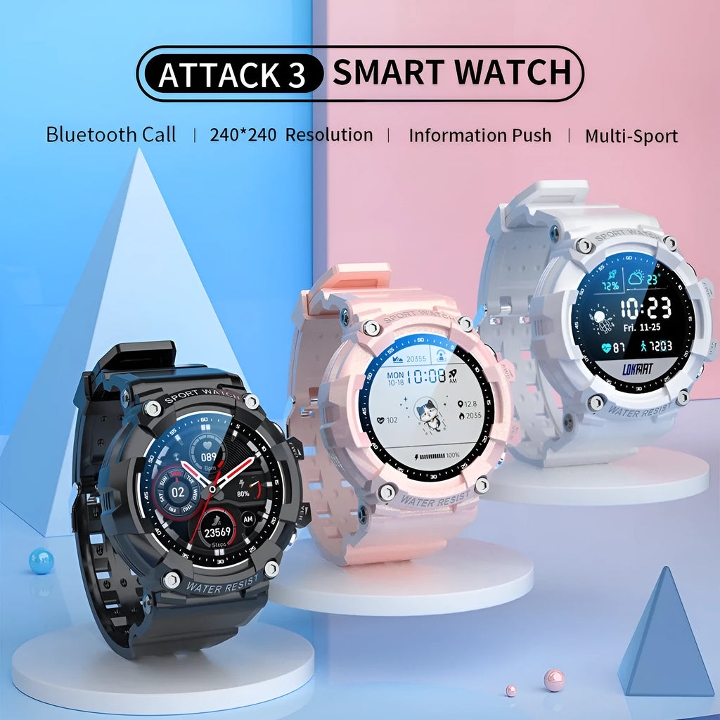 ATTACK 3 IP67 waterproof smartwatch in black, pink or white with round colour screen and TPU strap