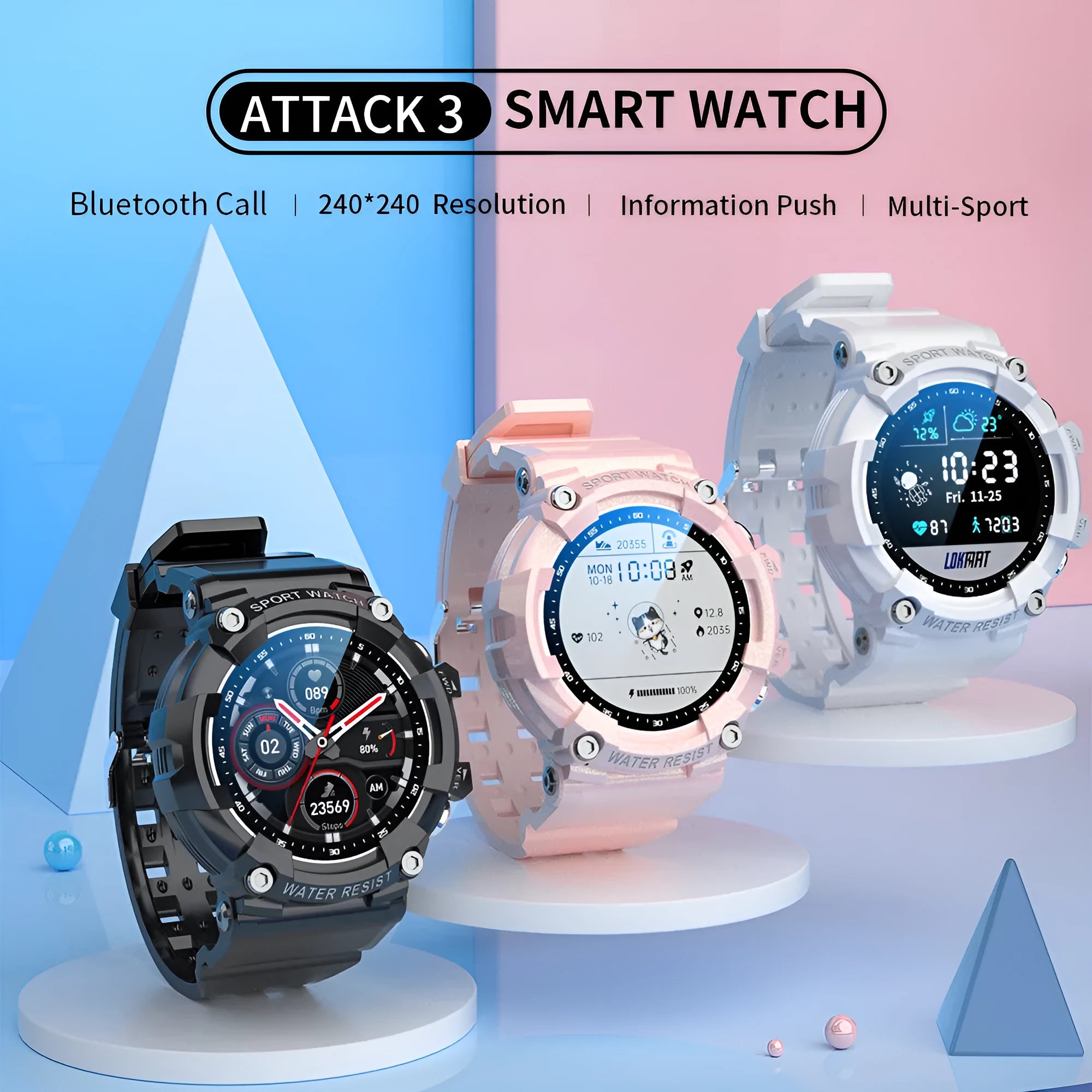 ATTACK 3 IP67 waterproof smartwatch in black, pink or white with round colour screen and TPU strap