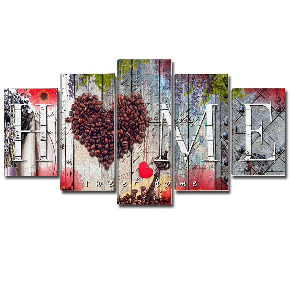 Red oil painting decoration boards in multiple sizes arranged on wall
