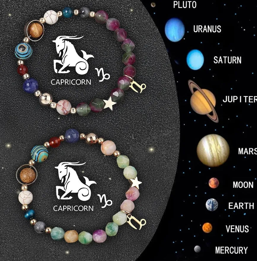 Set of twelve natural stone beaded bracelets, each representing a different zodiac sign.