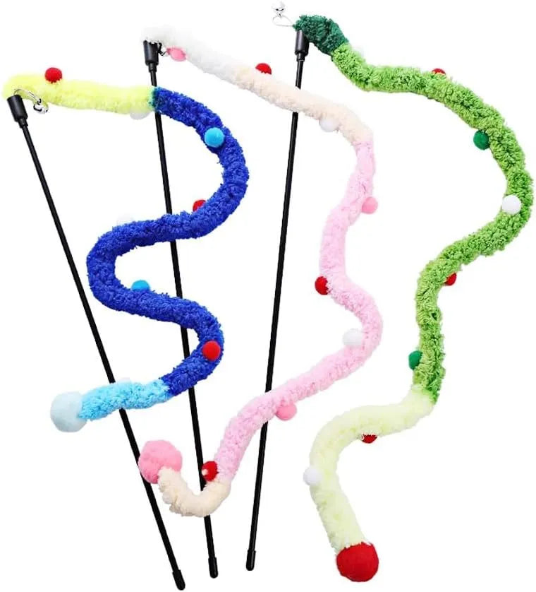 Cat wand toy with colourful plush strip and bell attachment on 41cm pole