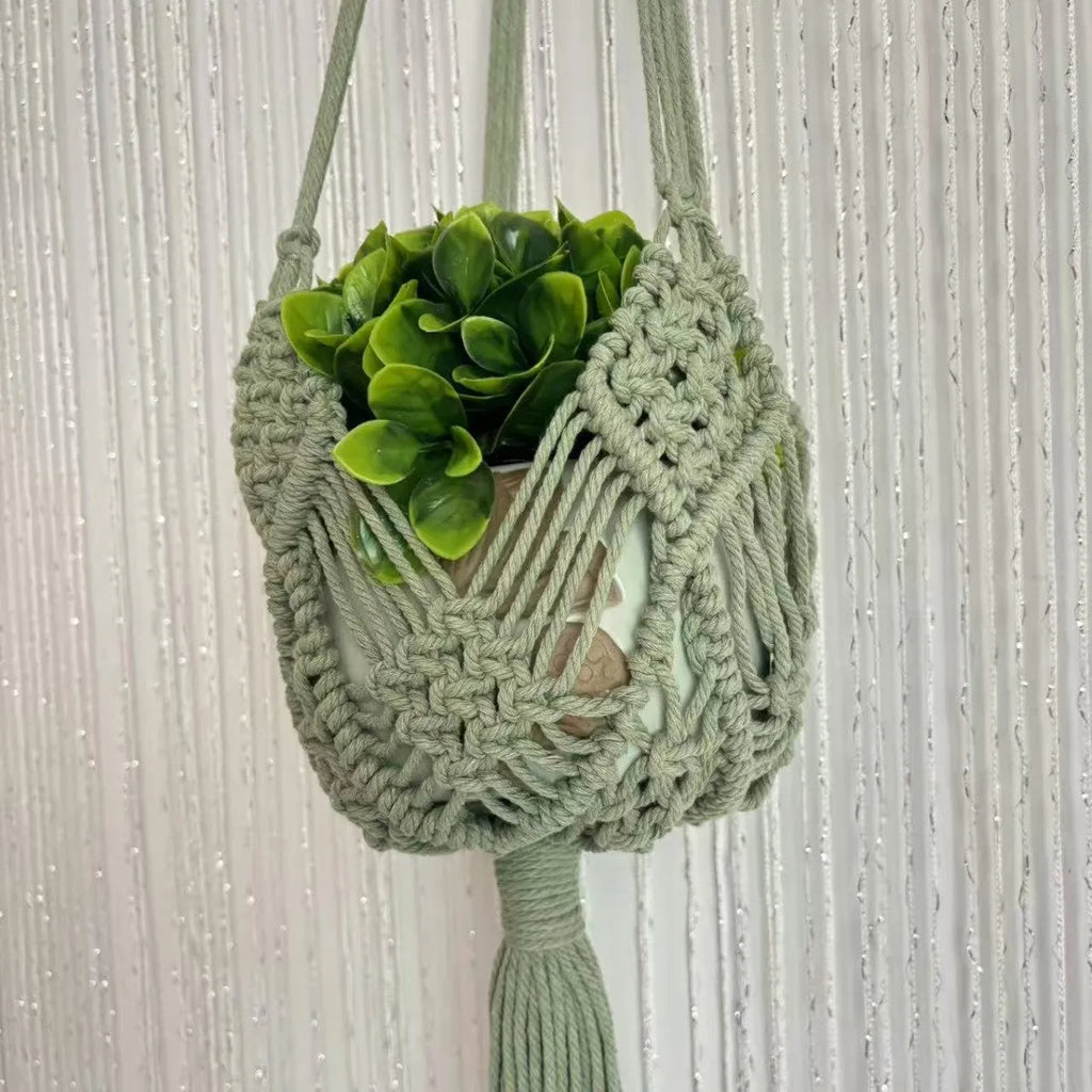 Minimalist hand-woven flower pot in polyester cotton fabric with net pocket design in brown colour