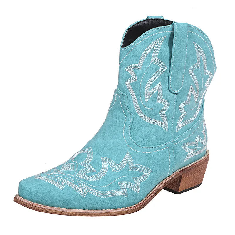Women's blue embroidered cowboy boots with a wedge heel and pointed toe