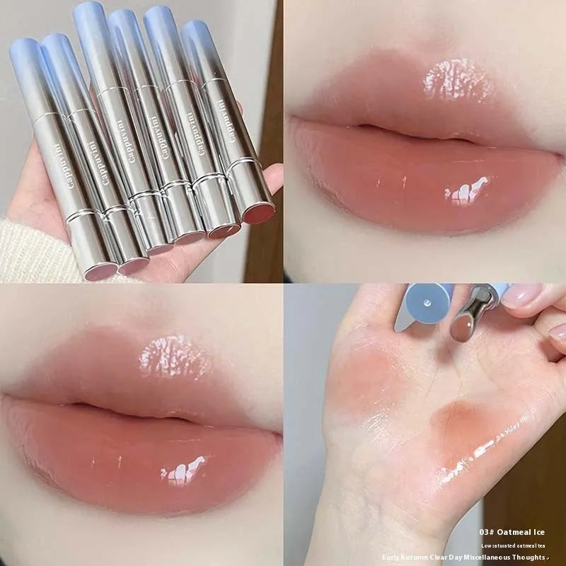 Mirror Water Light Lip Gloss Lipstick in six sheer shade options including Almond Ice and Raspberry Ice.