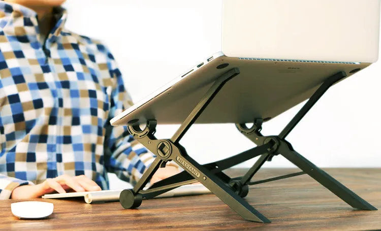 Black folding portable laptop stand made of reinforced nylon, shown folded and unfolded.