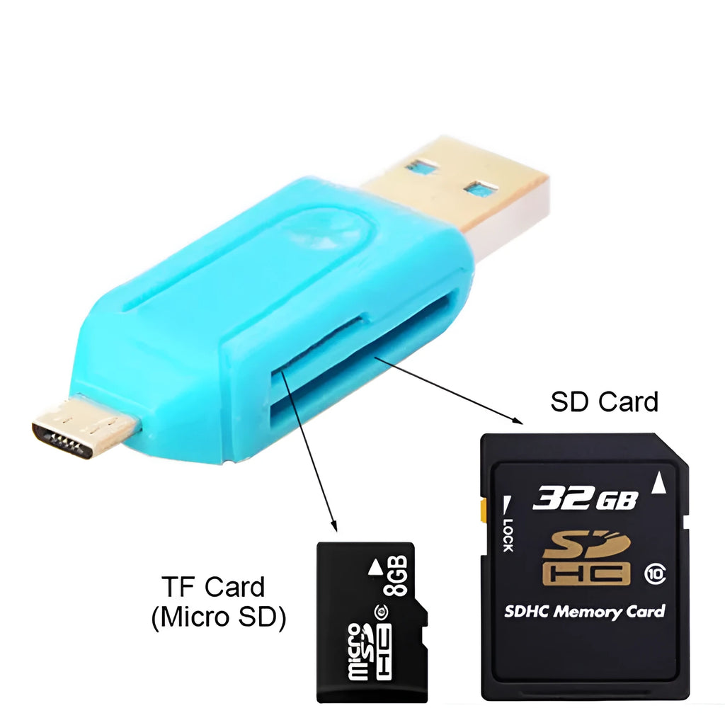 OTG dual-purpose card reader in white with USB 2.0 connector for SD and TF memory cards