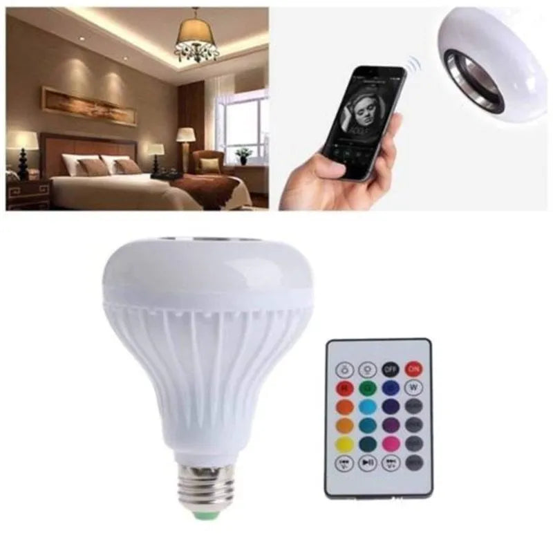 White E27 Bluetooth speaker LED bulb with remote control for smart lighting and audio