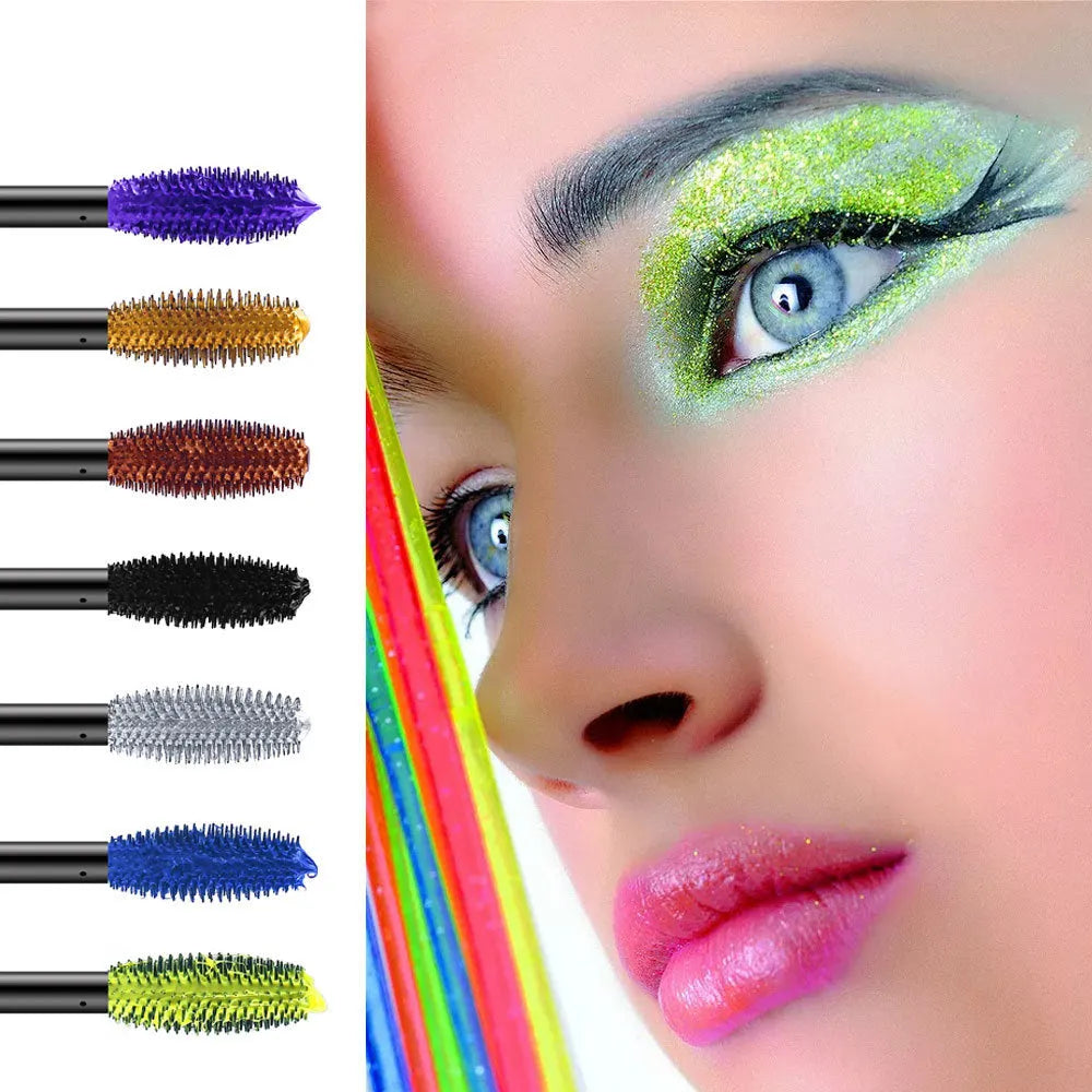 Color fluorescent mascara in seven shades: black, blue, brown, gold, green, purple, and silver