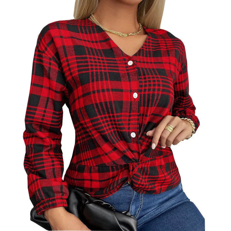 Women's purple plaid casual shirt with loose fit and regular sleeves