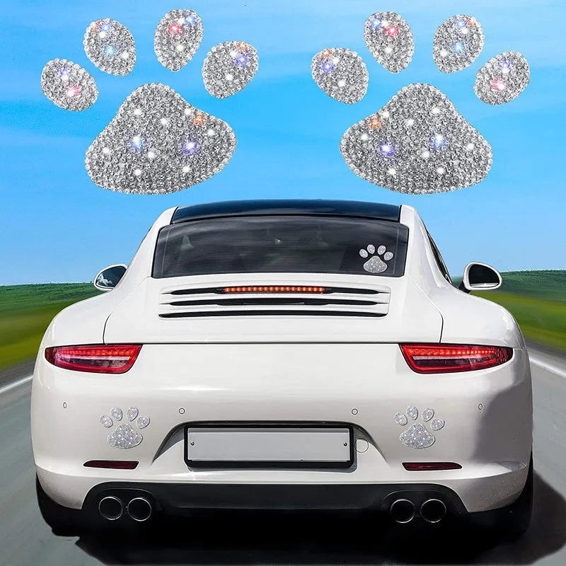 DIY glass car sticker with diamond-encrusted butterfly and bear paw design on white background
