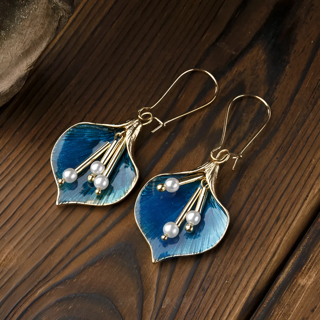 Women's Alloy Flower Earrings with Electroplating Finish - Retro Style Drop Earrings in Blue and Green for Everyday Wear, Dangle Earrings for Women